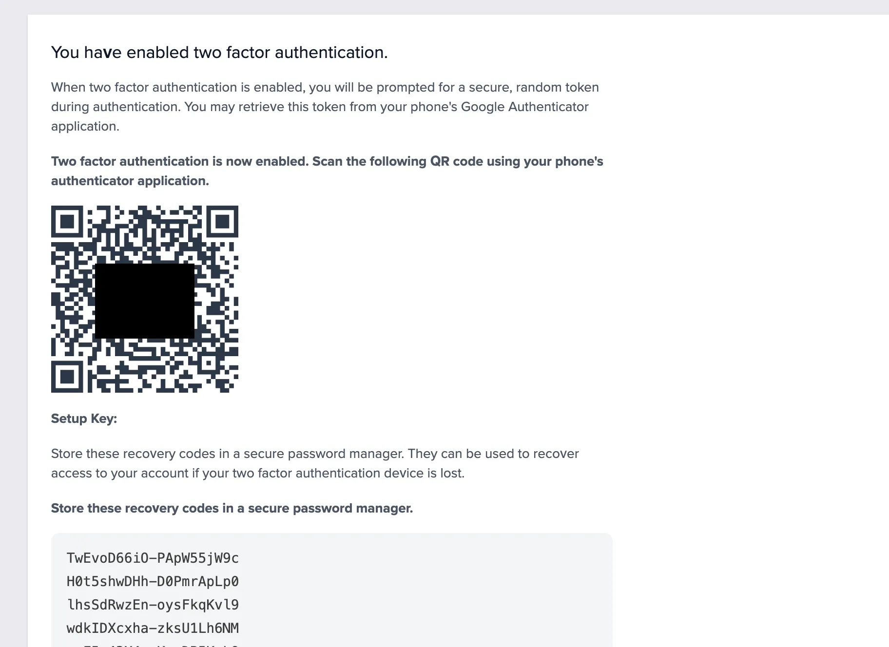 QR code and recovery codes screen