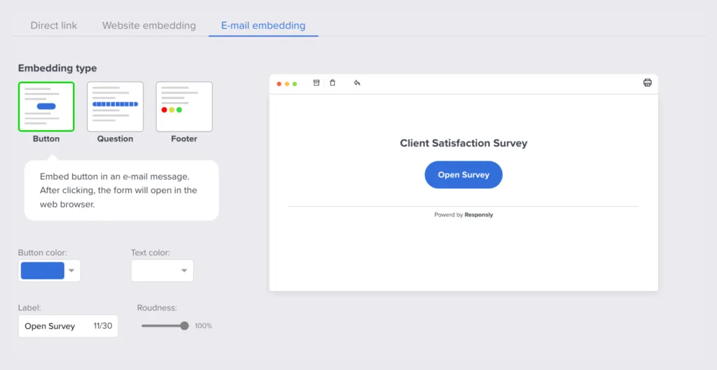 Customer feedback survey embedded in an email