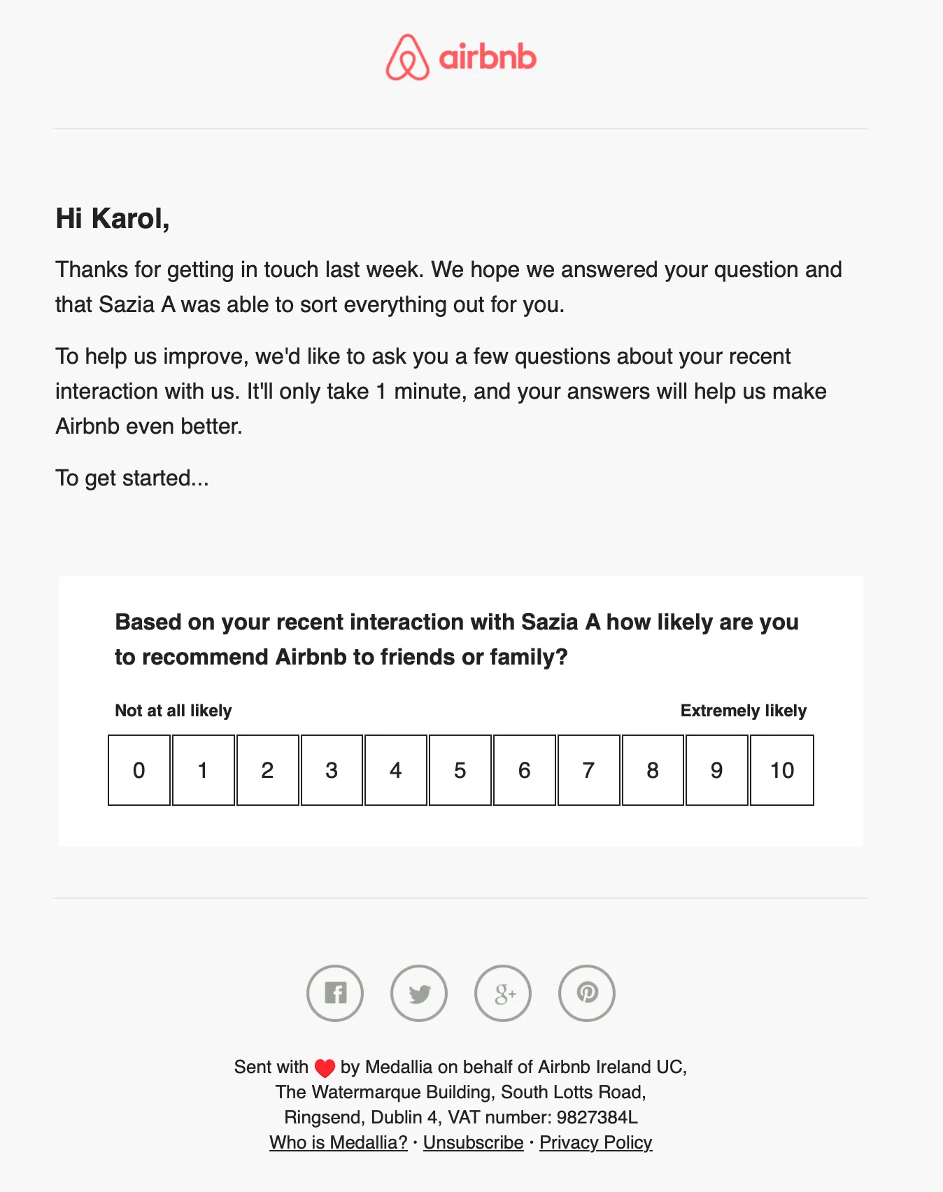 Airbnb customer feedback email with an embedded NPS 0 to 10 scale after a support interaction.