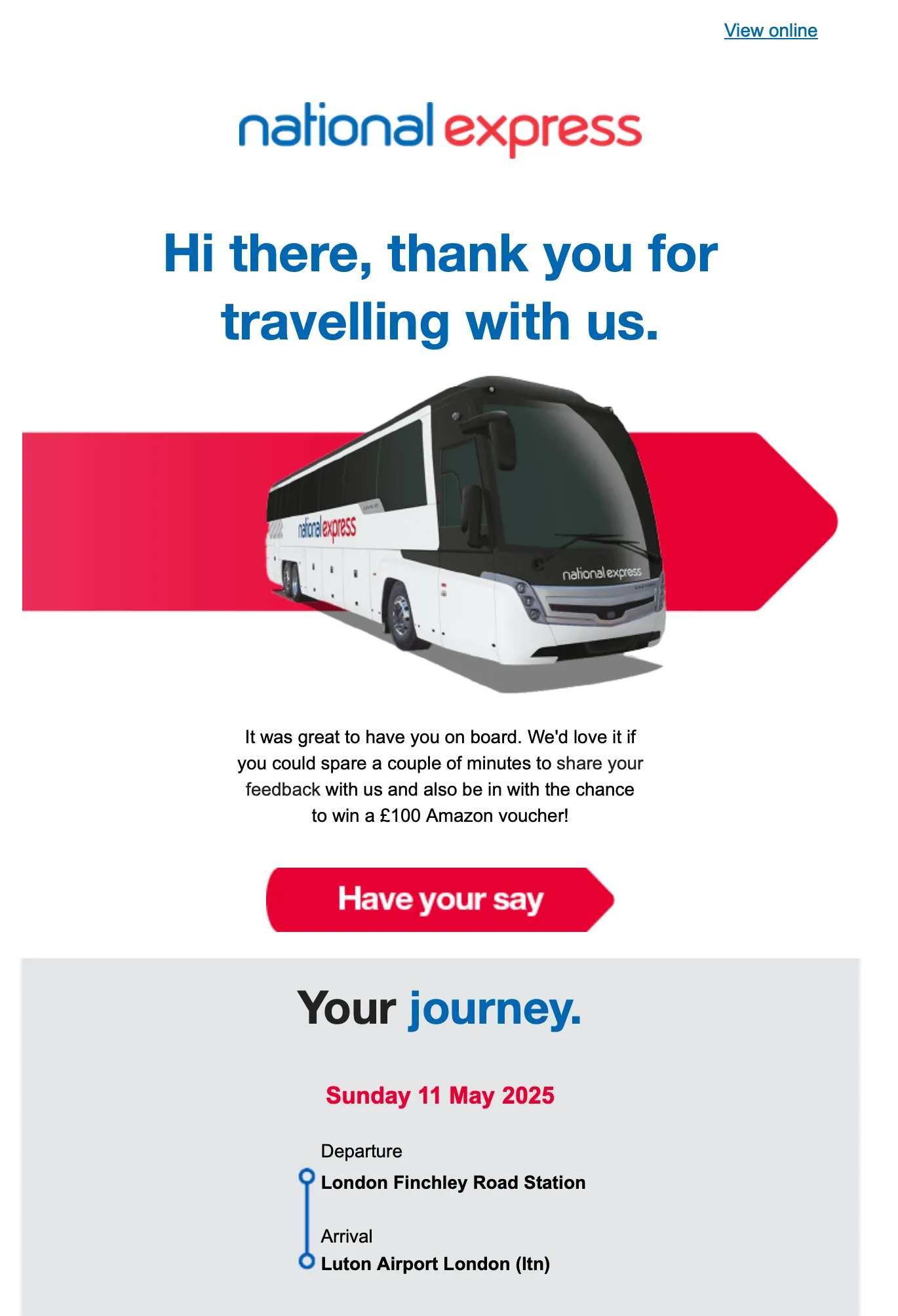 National Express customer feedback email with a Have your say button and a prize incentive.