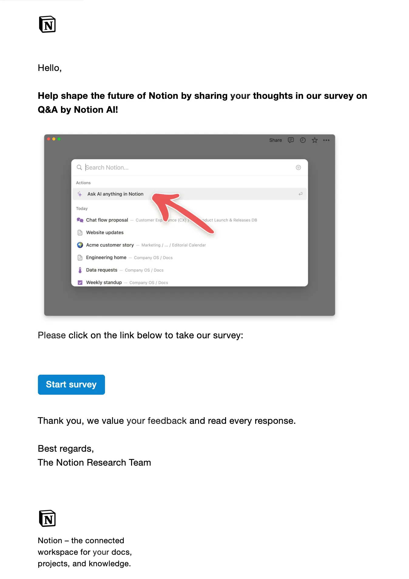 Notion customer feedback email inviting users to take a survey with a single Start survey button.