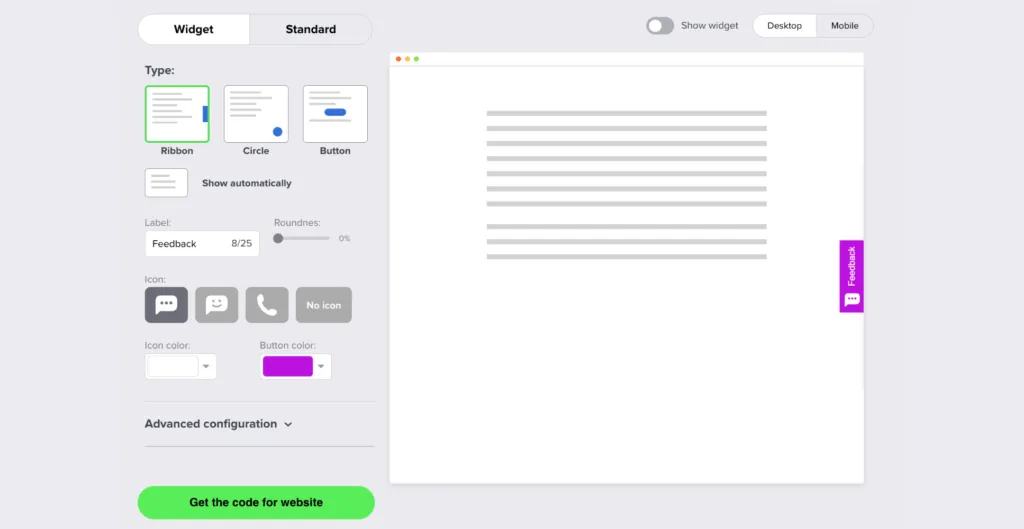 Feedback button example embedded on a website