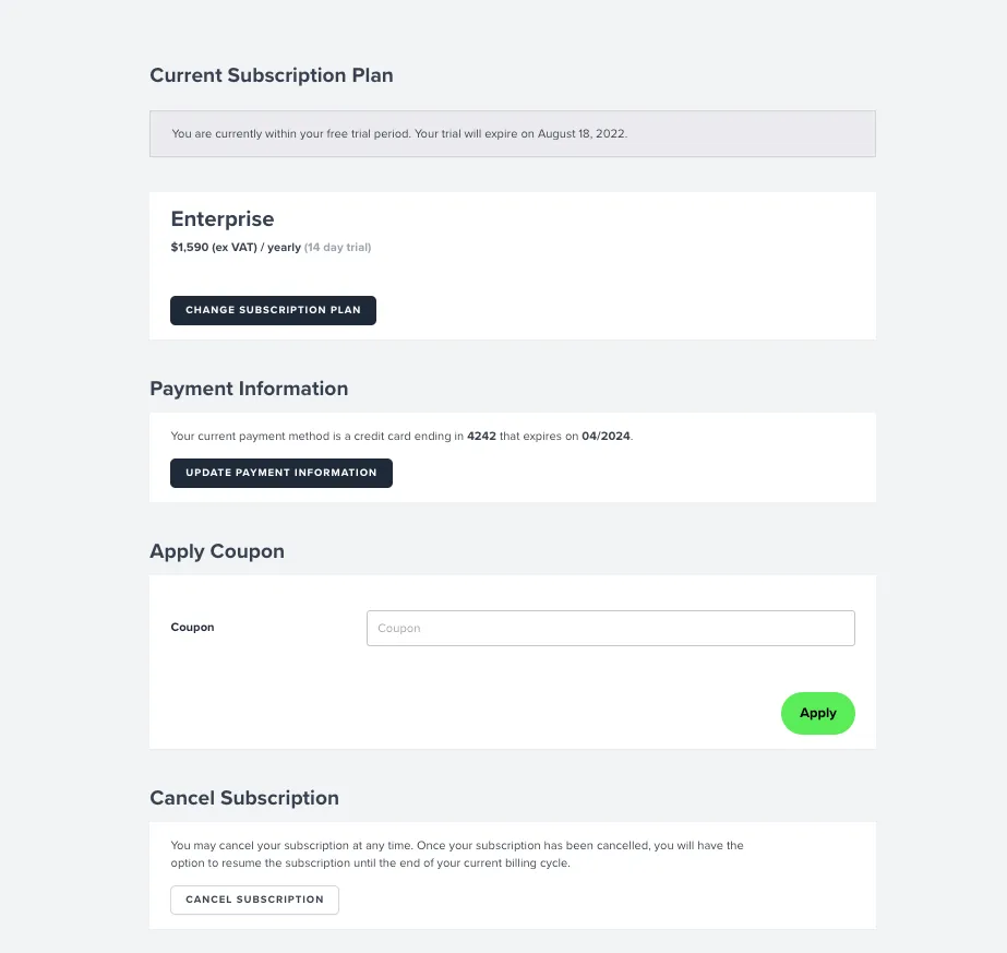 Upgrade payment information