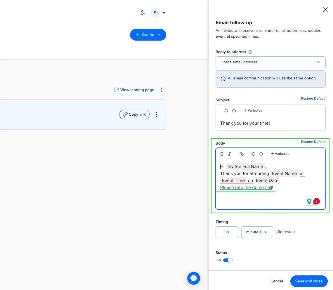 Calendly email body with link