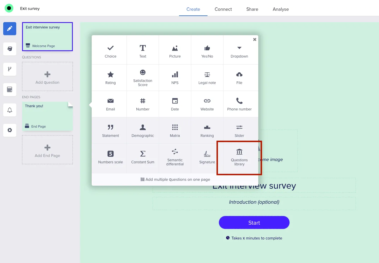 Questions library menu
