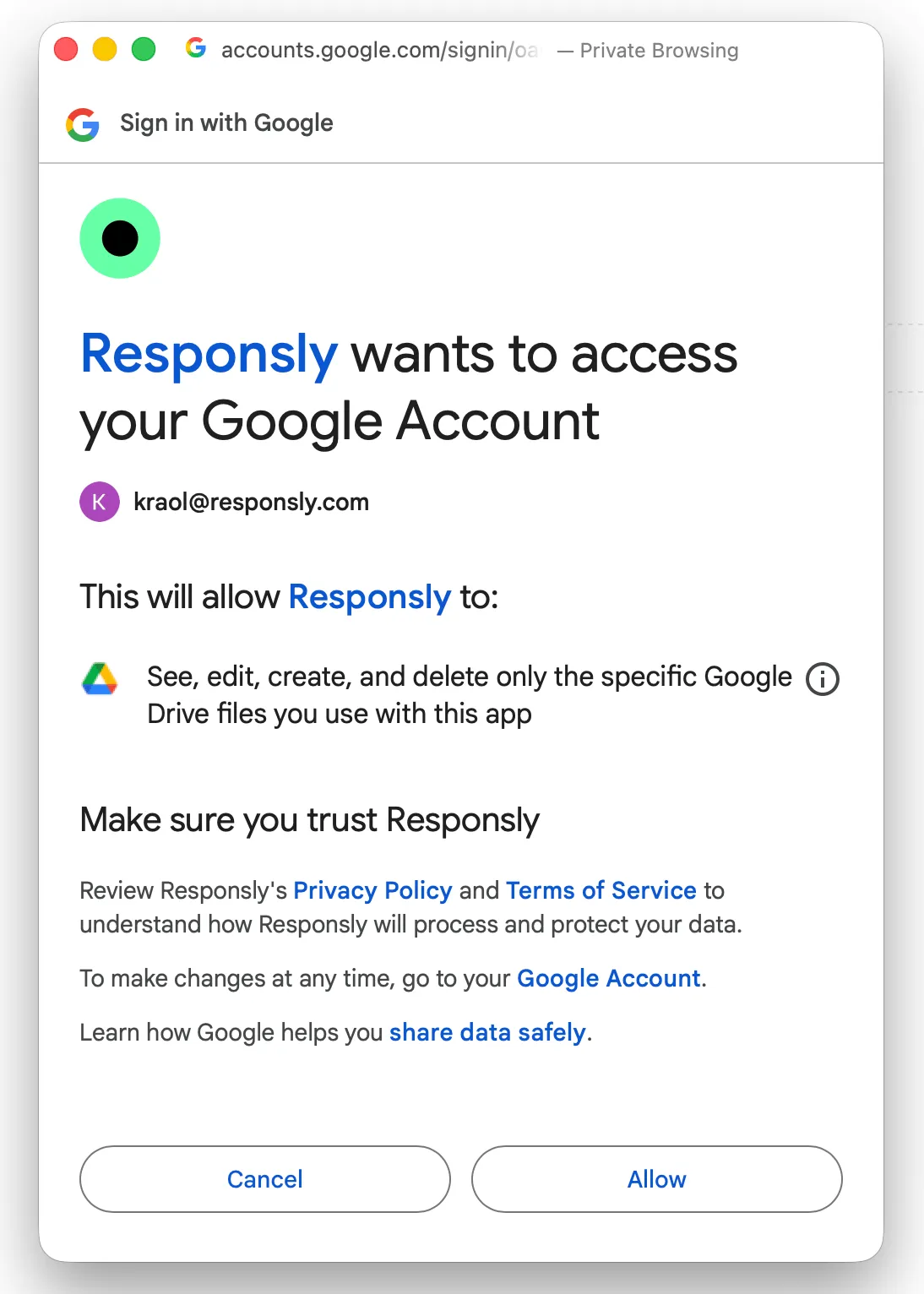 Google OAuth permissions for Google Drive integration