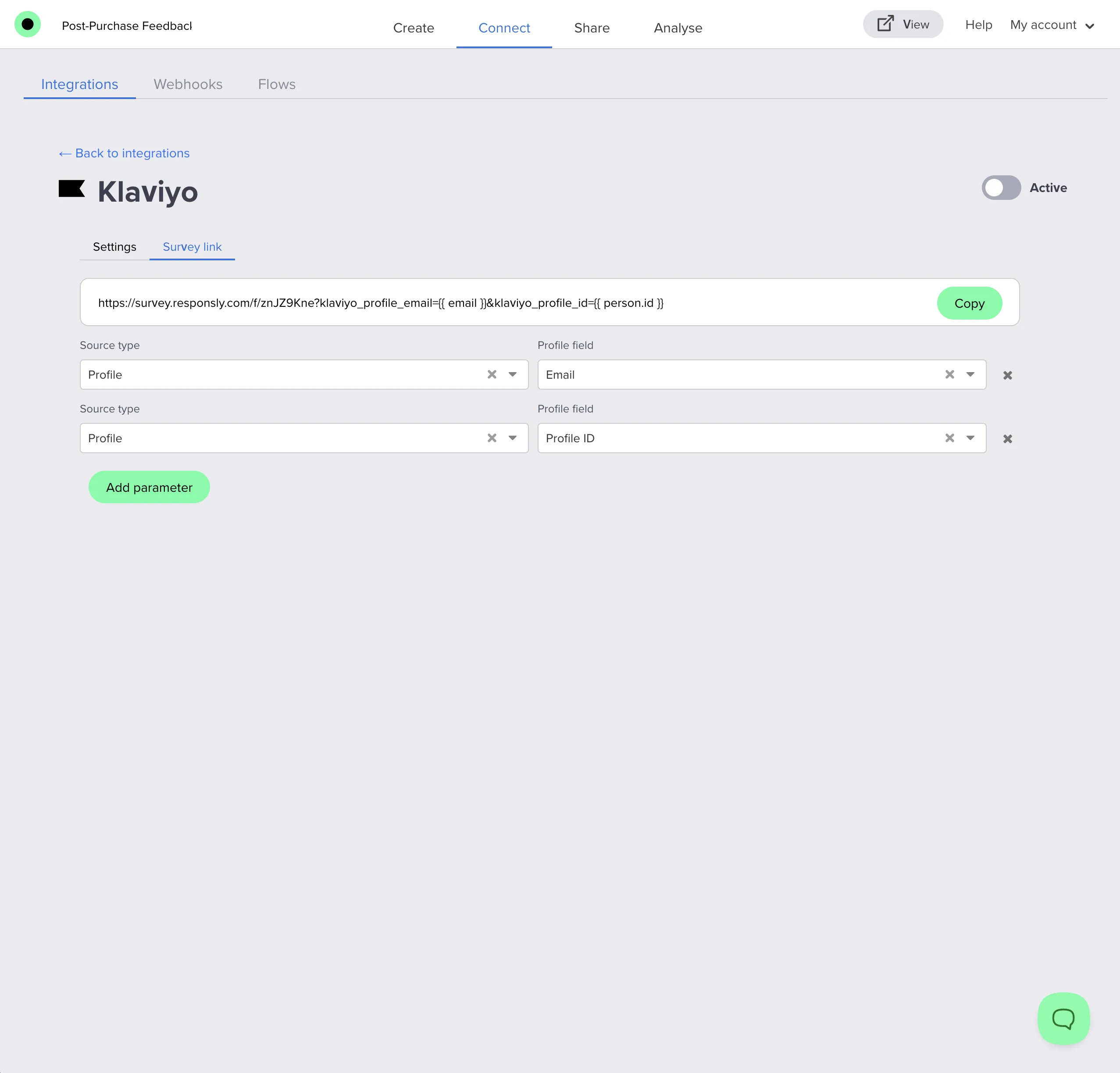 Survey link tab with URL parameters and placeholders