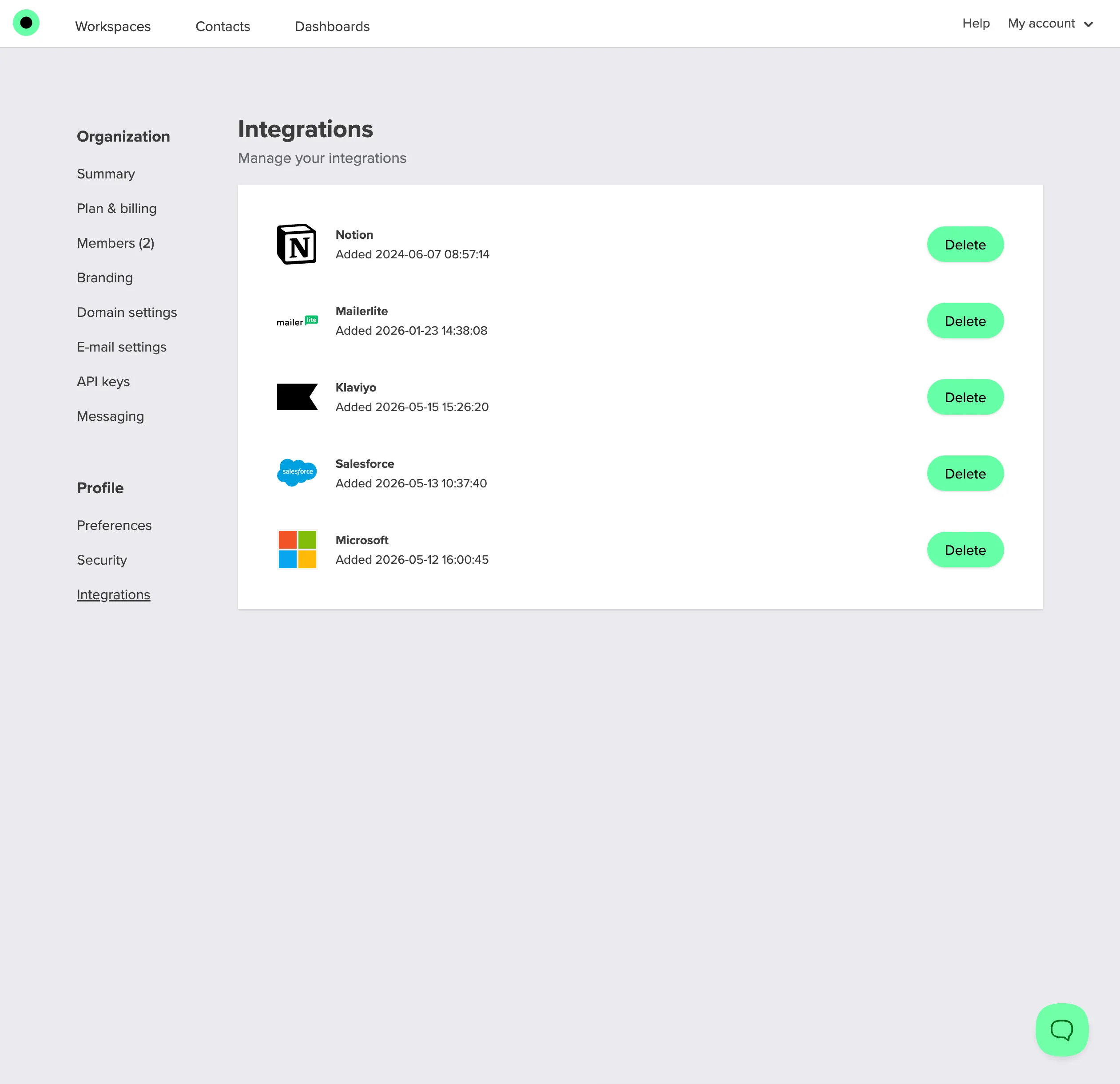 Remove Klaviyo and other integrations from account settings