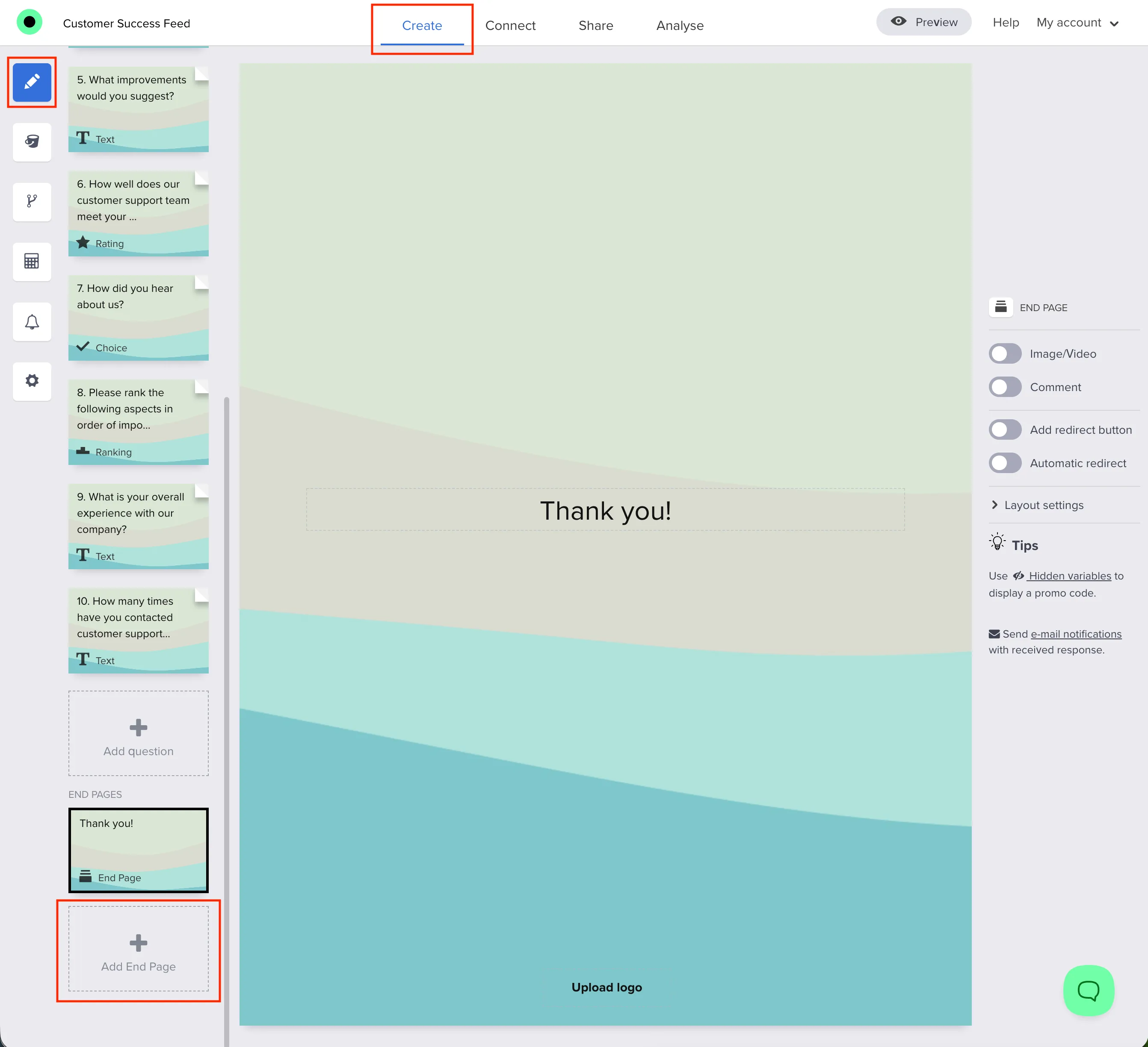 Create tab, Edit mode, and Add End Page under END PAGES