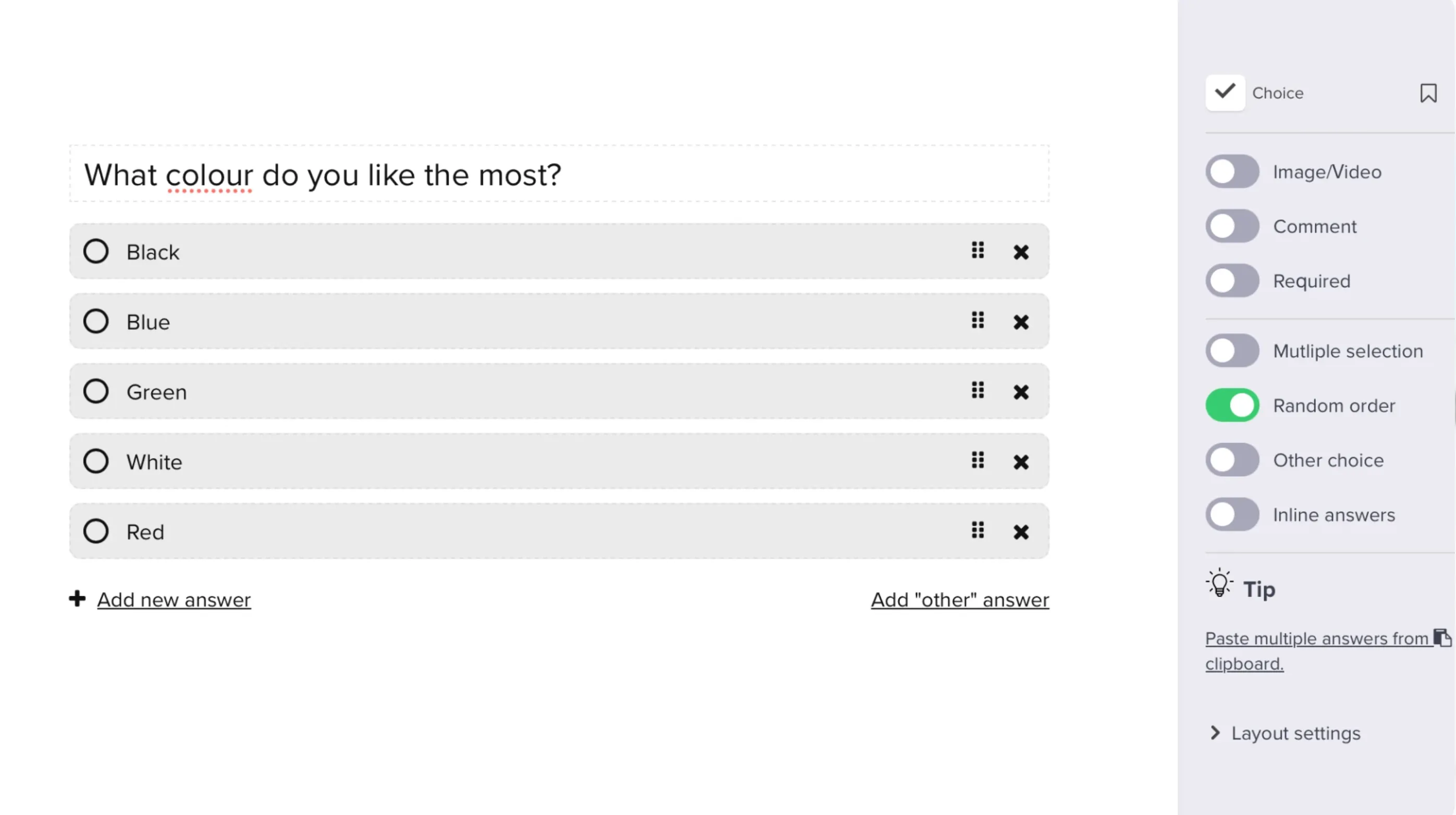 Random order enabled on a Choice question in the editor