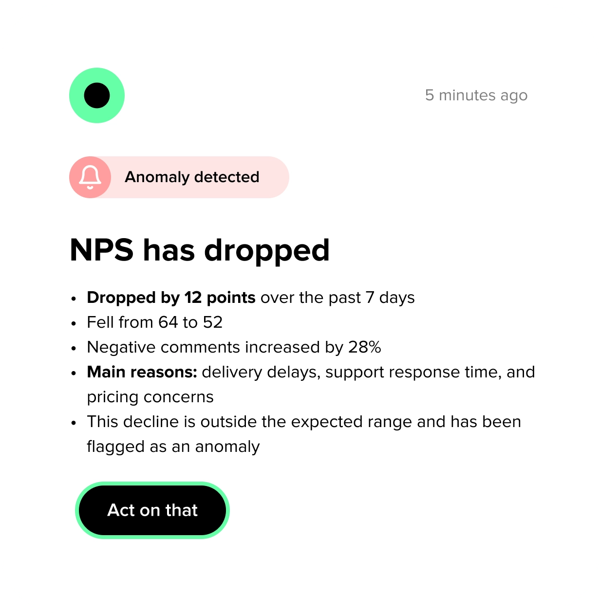 Alert showing an NPS drop with anomaly detection and drivers
