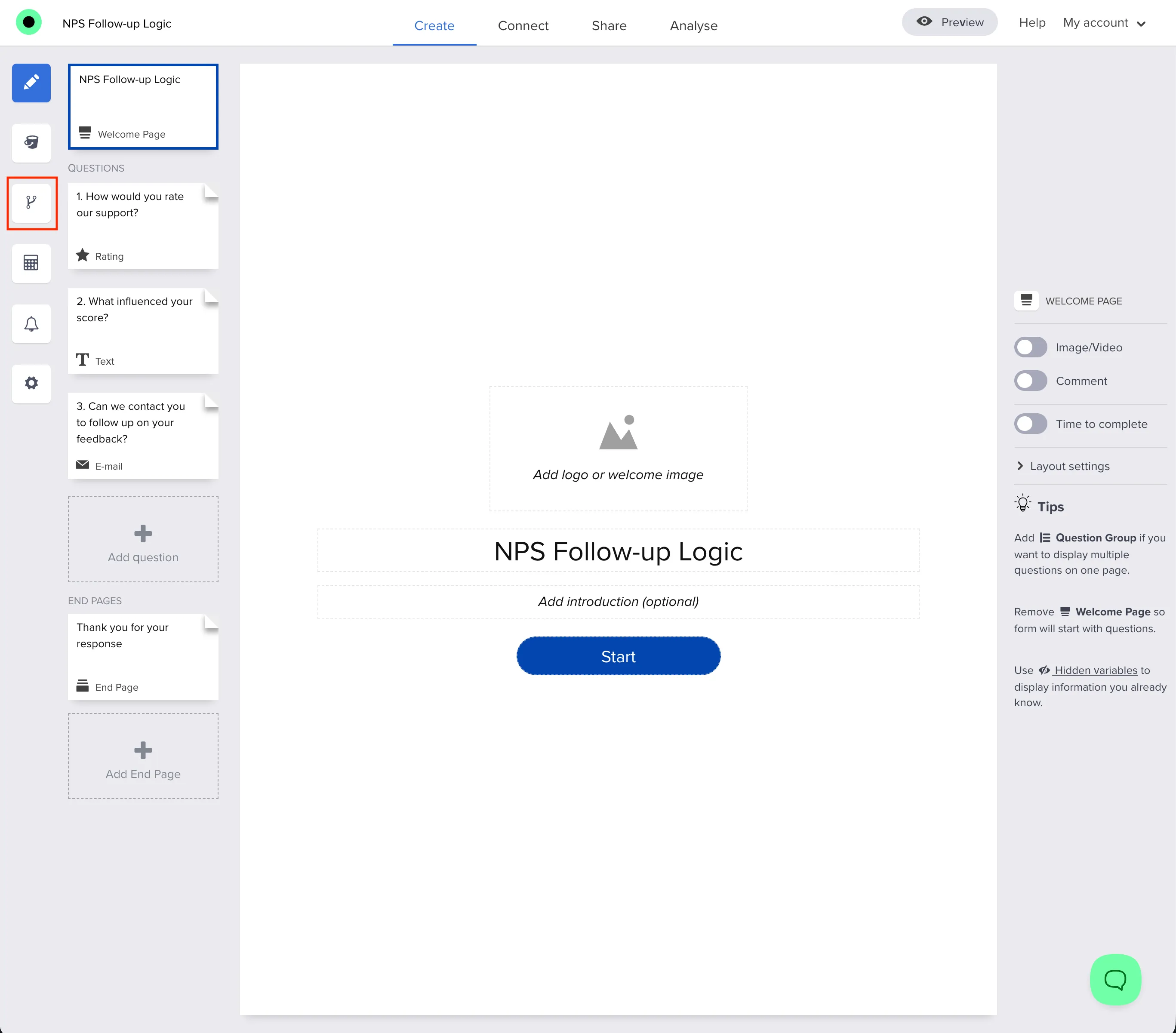 Reverse logic for optional text and blank answers — survey structure with rating, optional comment, email follow-up, and thank-you ending