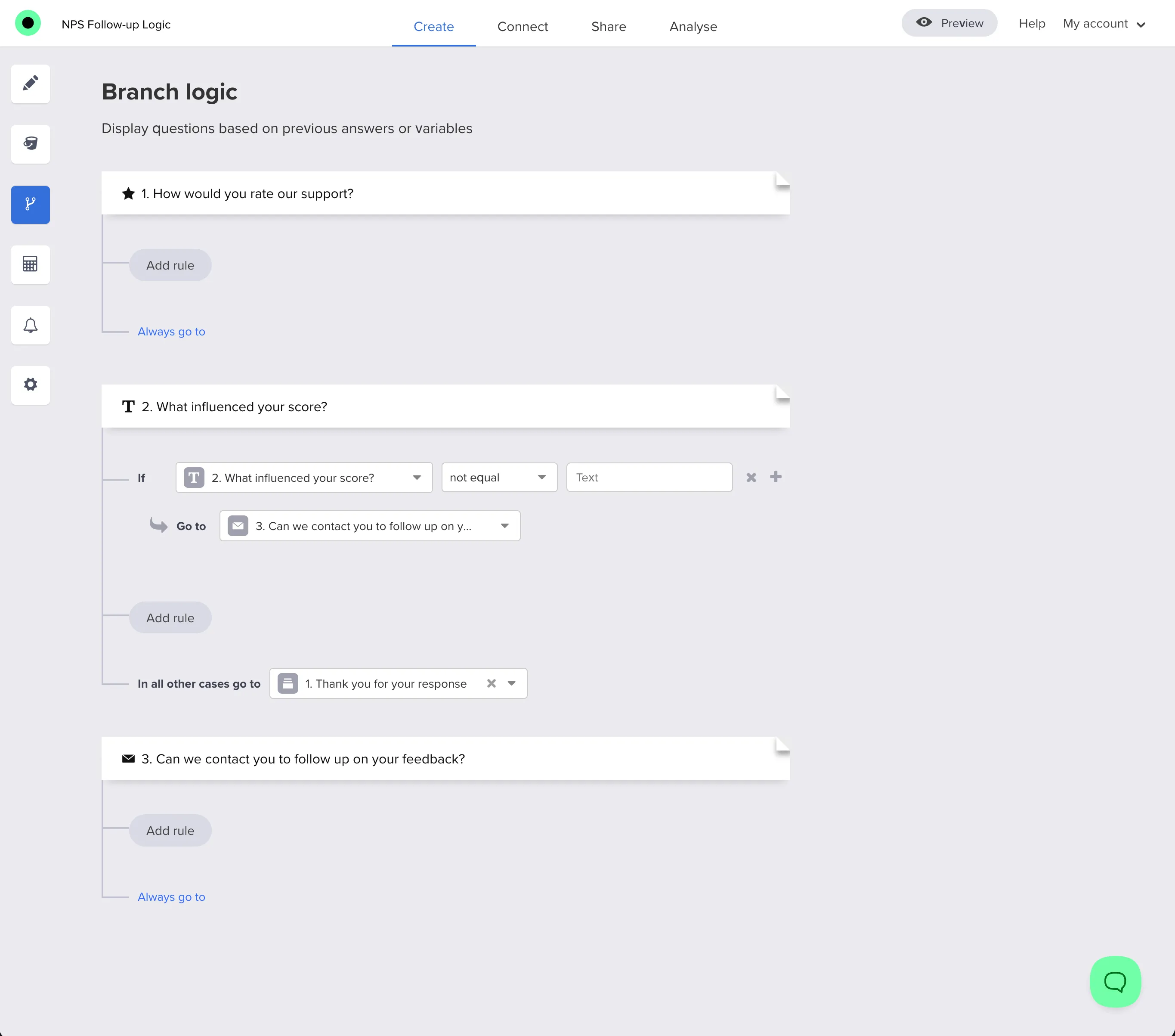 Branch logic in Responsly — not equal empty value for answered optional text and In all other cases go to for blank or skipped comment