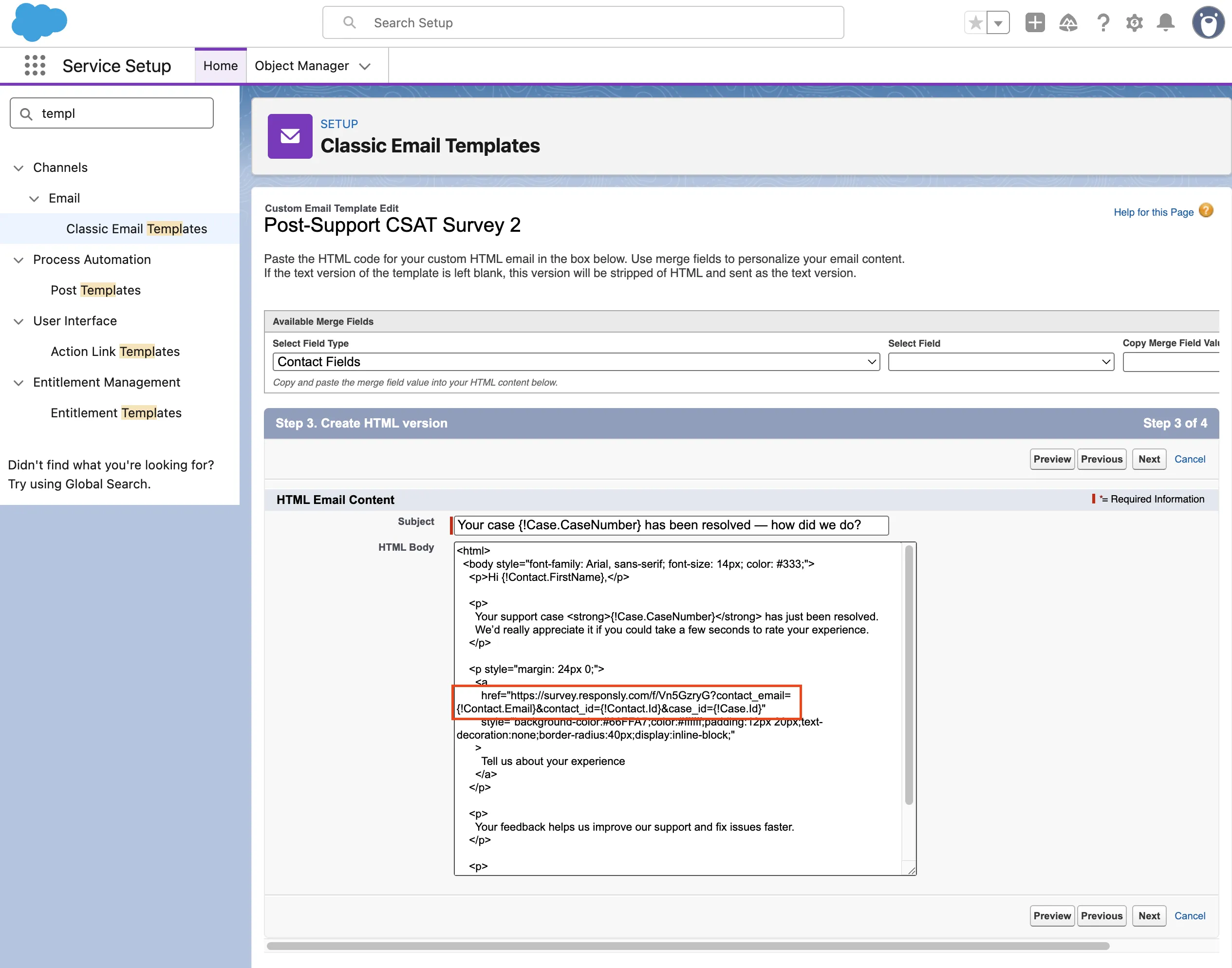Classic Email Template edit screen showing the HTML body with the Responsly survey link inserted in the button