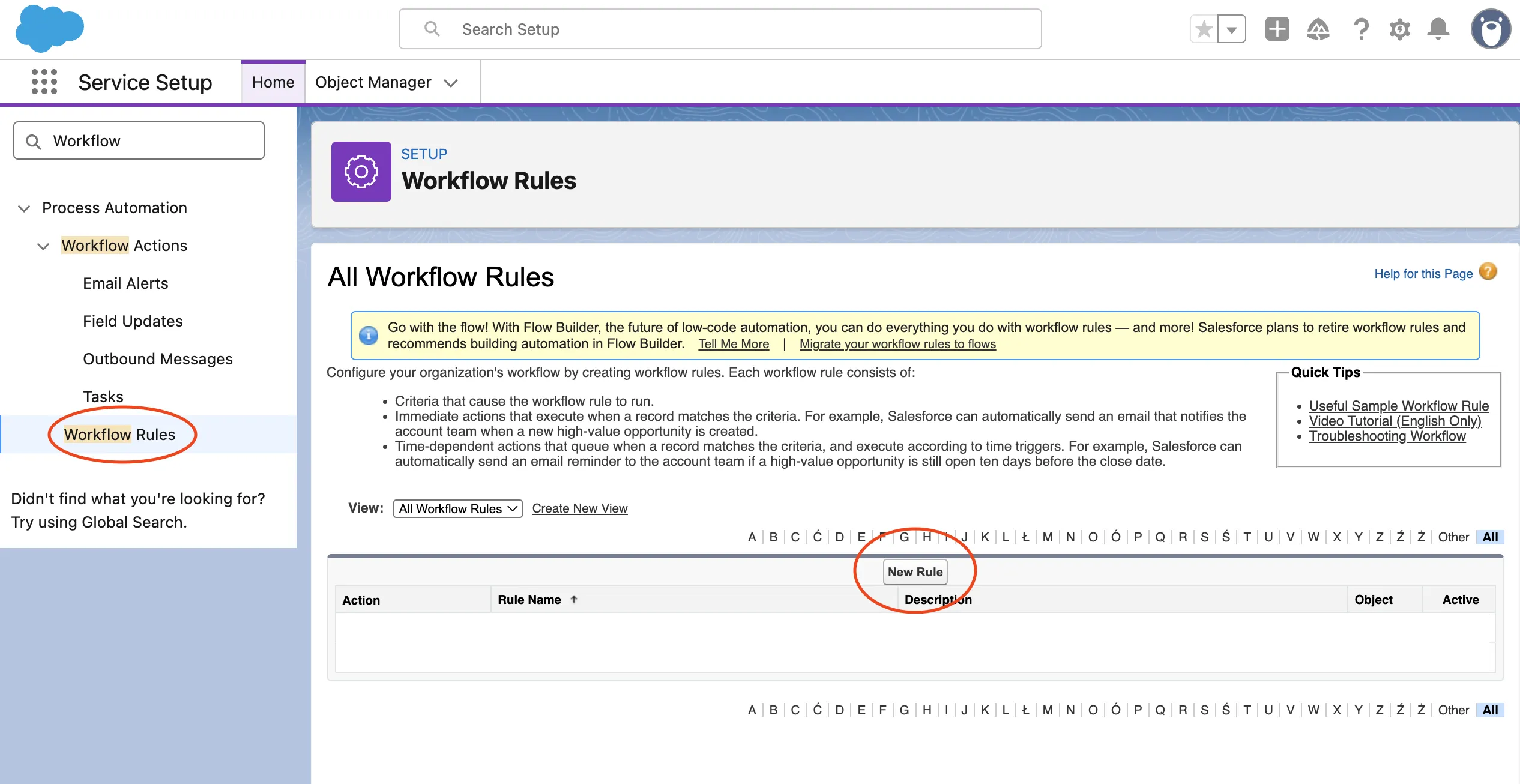 Setup navigation with Workflow Rules selected and the Workflow Rules list visible