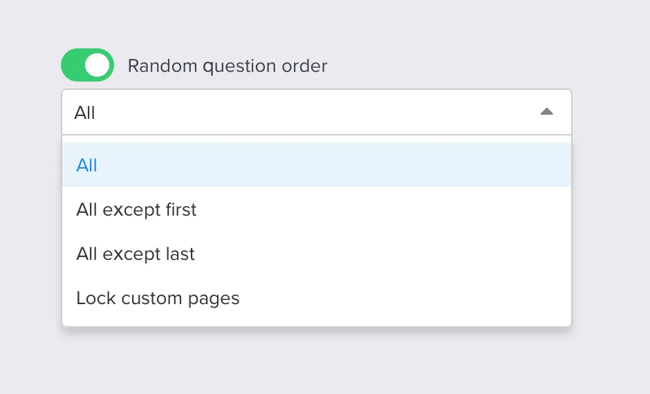The four random question order modes in the dropdown